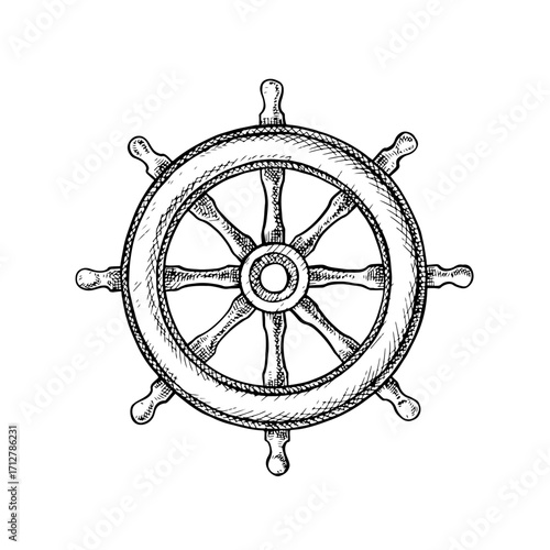 Ship s wheel. Black and white graphics, hand-drawn vector illustrations. For decorating children s games and celebrations. For stickers, invitation cards, posters and banners, packaging, and more.
