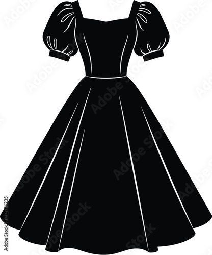 Elegant vintage black silhouette dress with puff sleeves, square neckline, fitted bodice, and flared A-line skirt for retro fashion design