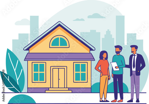 Real estate agents showcasing a house to potential buyers in a modern cityscape vector illustration