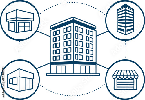Vector illustration of retail shop network connection showing central building and connected stores
