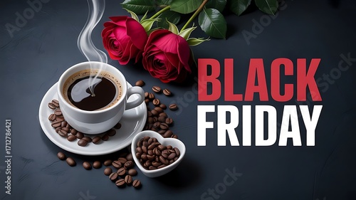 Black friday sale concept with a steaming cup of coffee, coffee beans, and red roses on a dark background, highlighting a special offer