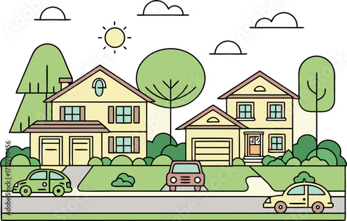Scalable vector illustration of suburban houses with cars and greenery