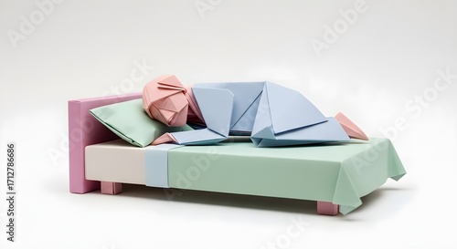 Origami Person Sleeping in Bed, Pastel Colors.
