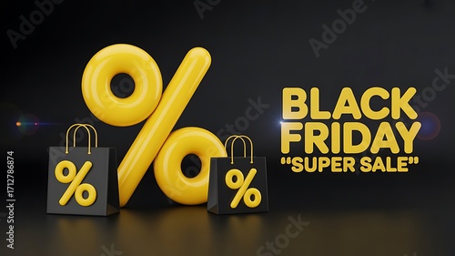 Black friday super sale with yellow percentage sign and shopping bags on a dark background, concept for retail and discount promotion
