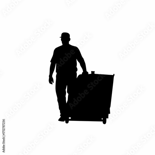 Silhouette of tunnel worker pushing equipment cart inside tbm passage isolated on white background
