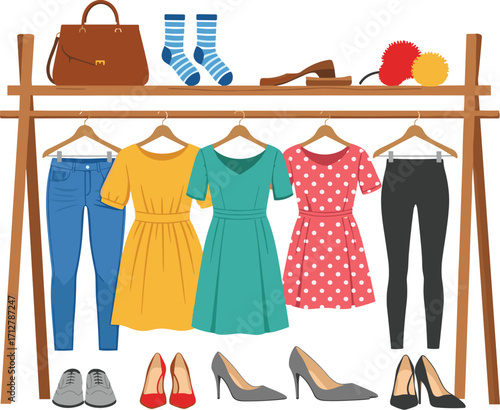 Fashion clothing rack with dresses, jeans, shoes, handbag, socks, and accessories for stylish wardrobe, boutique display, retail store illustration