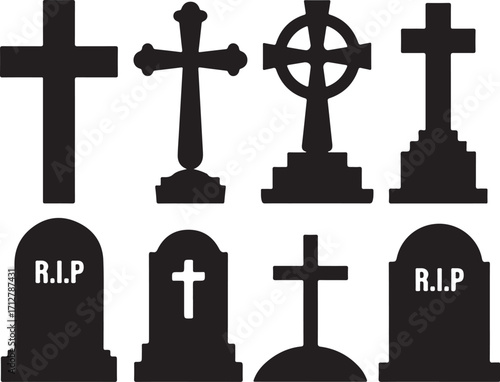 Collection of Tombstones and Crosses Graveyard Memorials Cemetery Symbols Vector Illustration