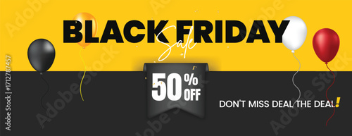 Trendy Black Friday discount banner template for retail sale promotion, horizontal advertisement, creative product sale design, social media cover, and modern web banner with 3d label, tag background