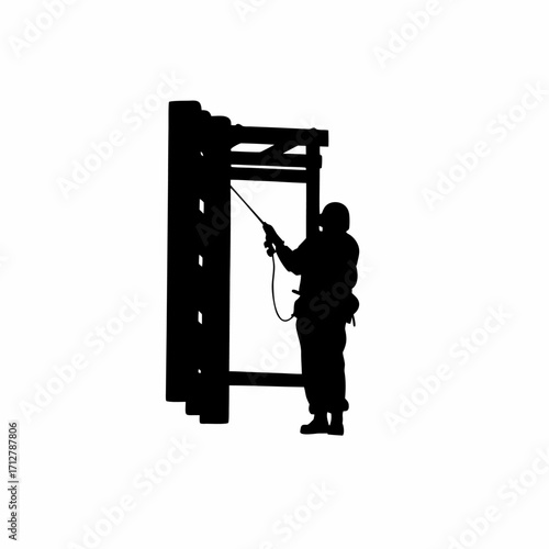 Silhouette of tunnel worker welding near tbm structure isolated on white background