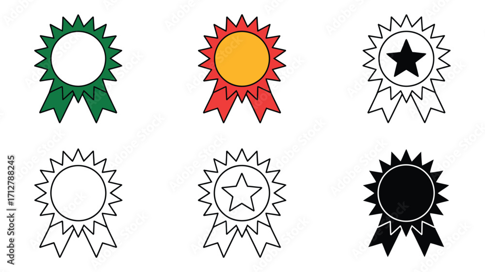 Fototapeta premium Vector art of a set of six award ribbon icons in various colors, including green, red, black, and outline designs
