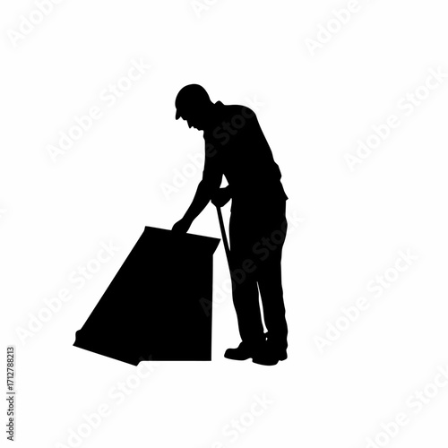 Silhouette of construction worker adjusting roofing sheet with crowbar isolated on white background