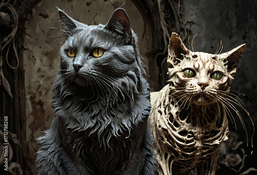 Two Zombie Cats – Undead Horror Feline Illustration