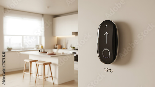 Modern oval shaped digital thermostat mounted on a wall in a contemporary kitchen