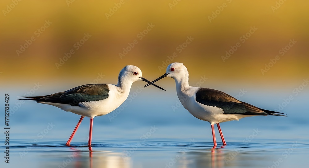 Obraz premium Two Black Winged Stilts in Shallow Water Keywords: black winged stilt, himantopus himantopus