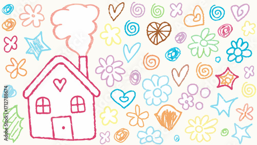 Charming childlike drawing of a cozy house surrounded by flowers, hearts, stars, and swirls