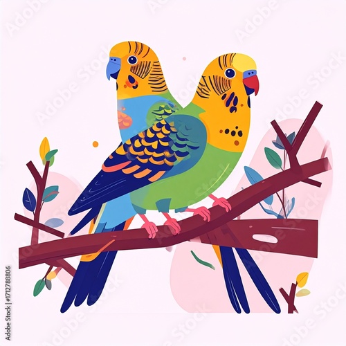 Two vibrant budgerigars perched on a branch, a colorful digital illustration filled with joy and