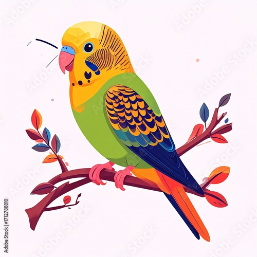 A vibrant budgerigar rests calmly on a branch, showcasing stylized feathers and joyful composition.