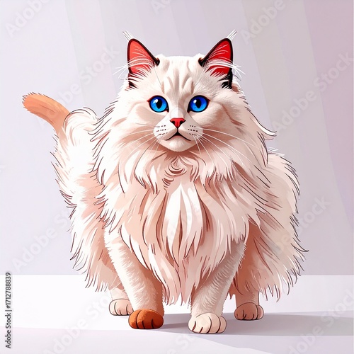 Charming fluffy white cat with striking blue eyes poses with confidence and a touch of feline grace.