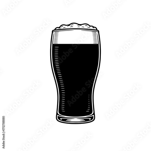 Black and white silhouette vector illustration of a pint glass of dark stout beer topped with creamy foam, engraving woodcut style, high contrast minimal details, simple vintage pub bar drink design 