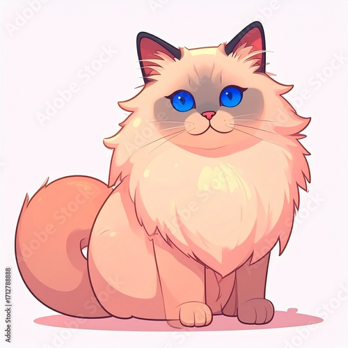 A fluffy, light brown cat with striking blue eyes sits and stares with a gentle, cute, cartoon