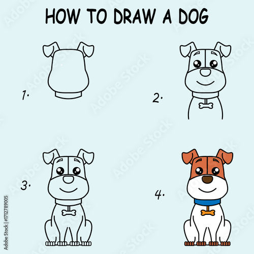 Step by step to draw a Dog. Drawing tutorial a Dog. Drawing lesson for children. Vector illustration.	
