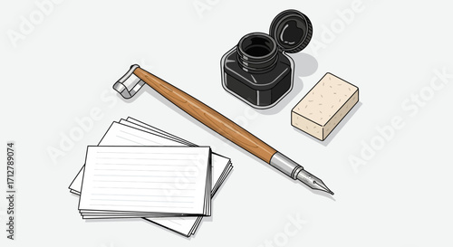 Old-fashioned writing set with fountain pen, inkwell, paper stack, and eraser for creative projects and journaling