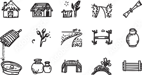 Editable EPS vector bundle featuring people, animals, farming tools, houses, nature, and household items. Scalable and commercial-use ready, perfect for design, branding, infographics, and creative pr