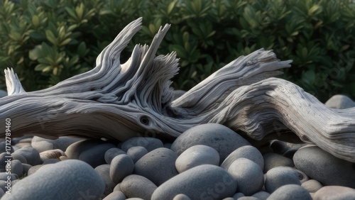 Driftwood on a pebbled beach