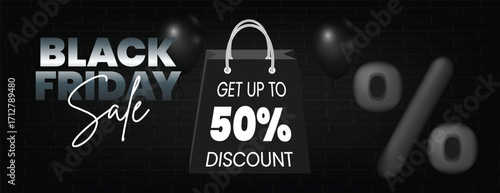 Modern horizontal Black Friday fashion sale banner design with retail product discount, web banner advertisement, social media cover, special offer banner with 3d black percent icon, bag background