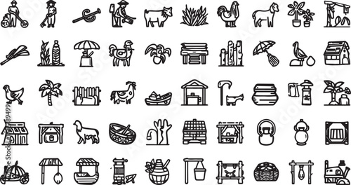 Editable EPS vector bundle featuring people, animals, farming tools, houses, nature, and household items. Scalable and commercial-use ready, perfect for design, branding, infographics, and creative pr
