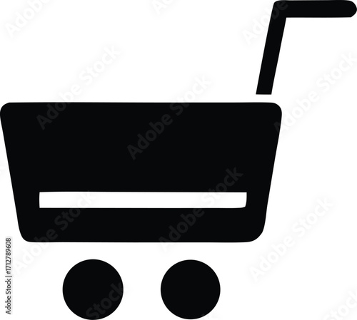 Simple black shopping cart icon symbol representing online retailer checkout process and e-commerce store purchases