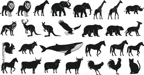 Silhouette collection of wild and domestic animals including lions, elephants, giraffes, birds, marine life, farm animals, and wildlife species