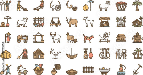 Editable EPS vector bundle featuring people, animals, farming tools, houses, nature, and household items. Scalable and commercial-use ready, perfect for design, branding, infographics, and creative pr
