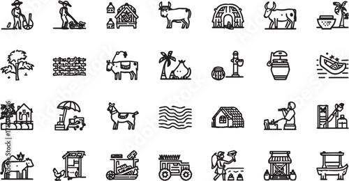 Editable EPS vector bundle featuring people, animals, farming tools, houses, nature, and household items. Scalable and commercial-use ready, perfect for design, branding, infographics, and creative pr