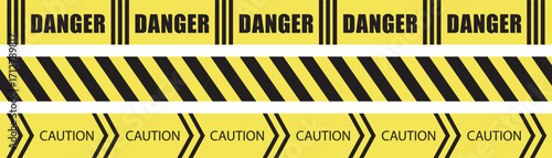 Caution warning barrier tape sign for web site road warning, Black and yellow line. Seamless barrier. Included brushes