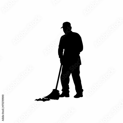 Silhouette of worker cleaning rooftop debris before sheet placement isolated on white background