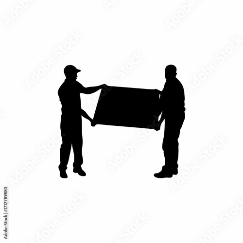 Silhouette of construction workers on a rooftop handing roofing sheet isolated on white background