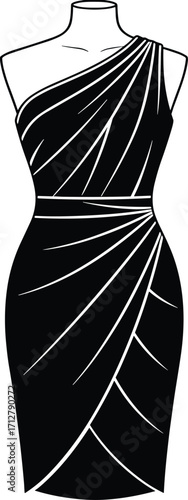 Vector illustration of elegant black one‑shoulder dress with draped pleats, fitted silhouette, knee length, displayed on mannequin for fashion design