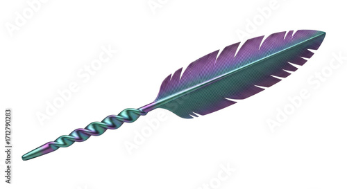 Isolated decorative feather artwork in shimmering iridescence; ornate, metallic plume art.