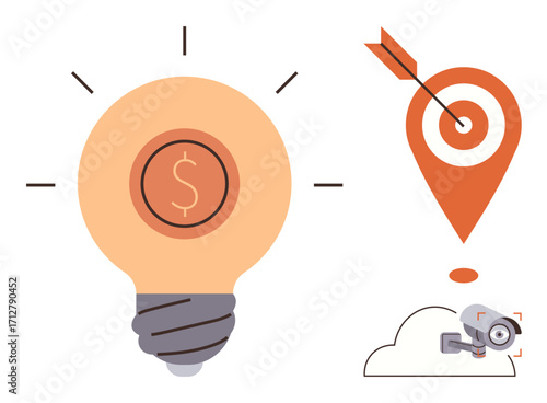 Lightbulb symbolizing financial ideas, target with arrow for precision, cloud and camera for surveillance. Ideal for innovation, finance, strategy, security, marketing analytics creativity. Simple