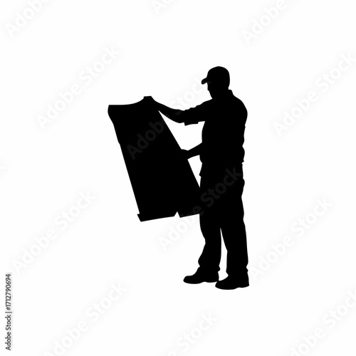 Silhouette of construction worker installing roof ventilation cap isolated on white background