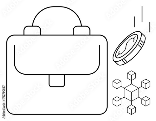 Minimalist briefcase, cryptocurrency coin in motion, and connected block cubes illustrating business, blockchain, and financial innovation. Ideal for technology, investment, economy, fintech digital