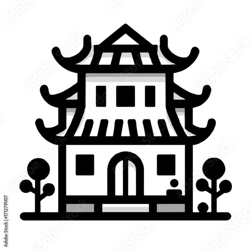 Black and white vector illustration of a Chinese pagoda-style house with garden elements on transparent background