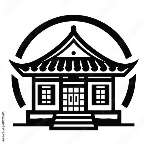Stylized black and white vector illustration of a Chinese house with circular design  on transparent background