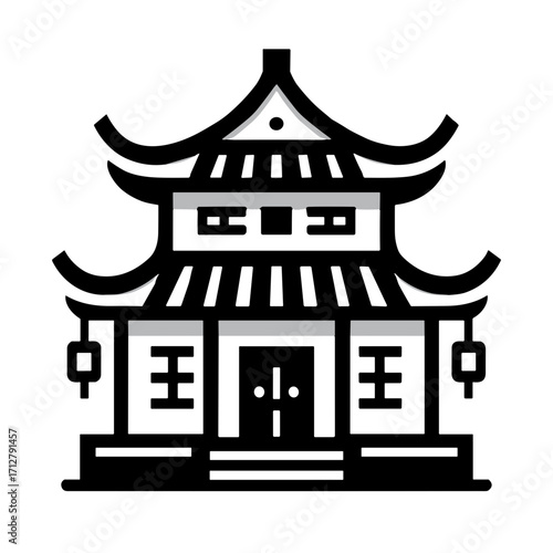 Stylized black and white vector illustration of a traditional Chinese house with ornamental elements on transparent background