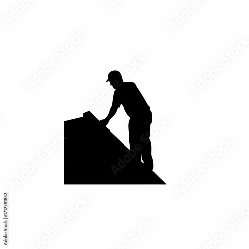Silhouette of construction worker installing corrugated roofing sheet on rooftop isolated on white background
