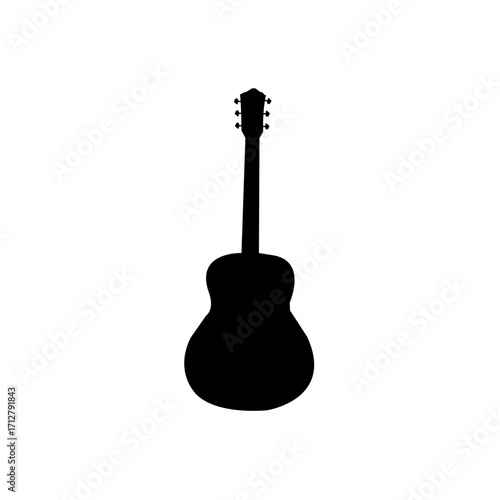 A clean, minimalist silhouette of an acoustic guitar against a plain white background.
