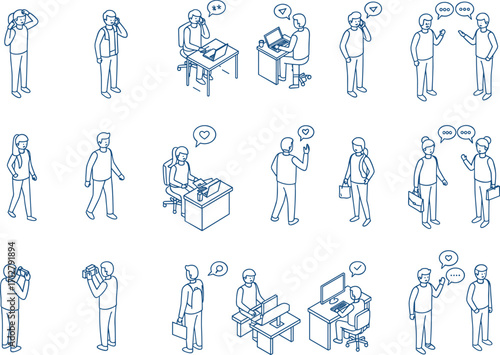Isometric business office scenes, workplace communication teamwork, corporate meeting discussion technology, professional interaction concept illustration set, blue outline style