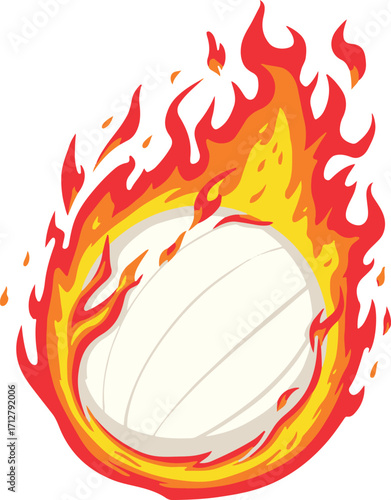 A white volleyball engulfed in vibrant orange and yellow flames with red accents on a white background
