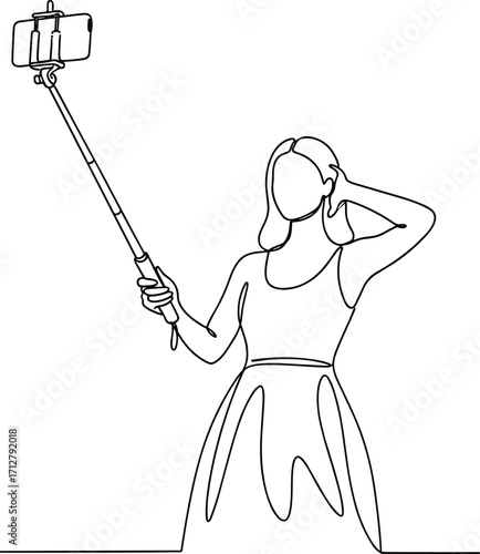 Woman taking selfie with smartphone on selfie stick, standing pose, modern technology lifestyle concept in simple black and white vector illustration